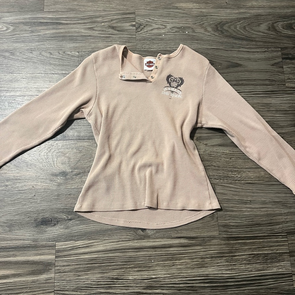 Harley-Davidson Women's Waffle Knit Thermal Top in Light Taupe